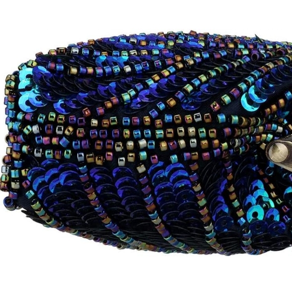 Peacock Feather 20s 30s Retro Sequin Clutch Purse Blue Evening Bag Chain Strap - Picture 2 of 11